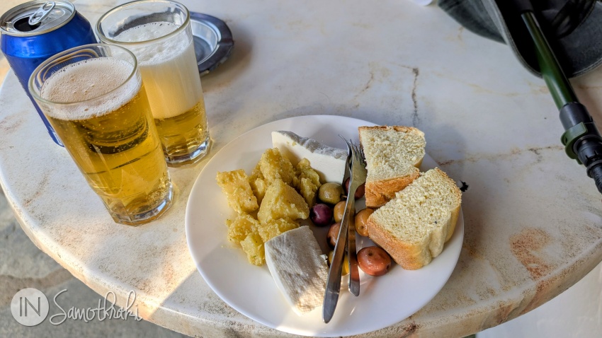 Mezedakia and beer at the cafe in Alonia, after a hike to Agia Anemi.