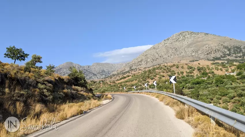 In the south-west the road climbs to the village of Profitis Ilias, famous for its goat on the spit.