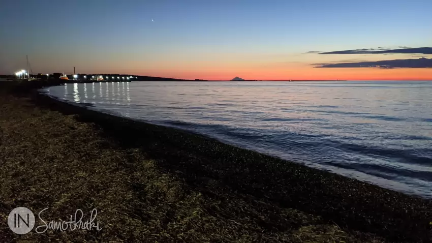 Mount Athos is visible at sunset