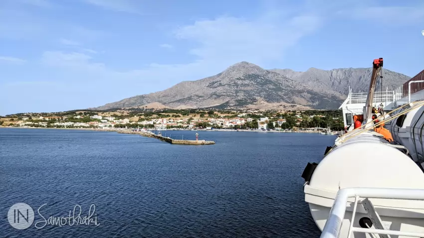 The ferry Adamantios Korais is about to enter the harbor.