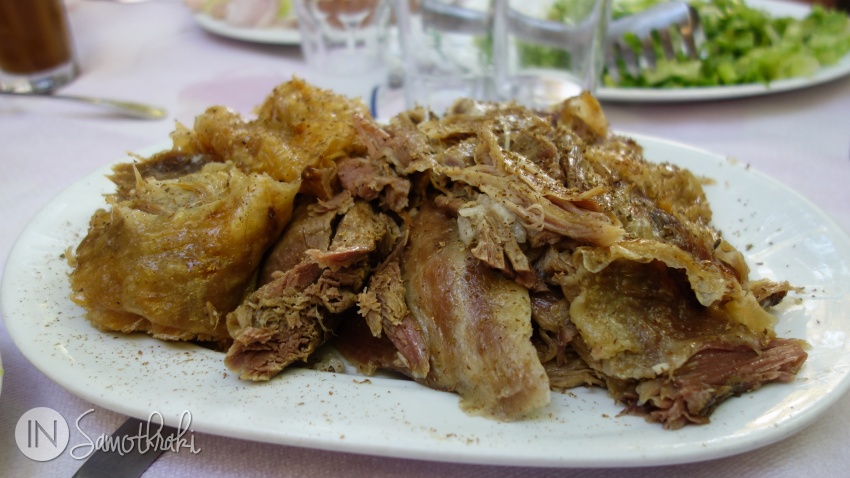 The famous goat on a spit, one of the must-try culinary experiences in Samothraki