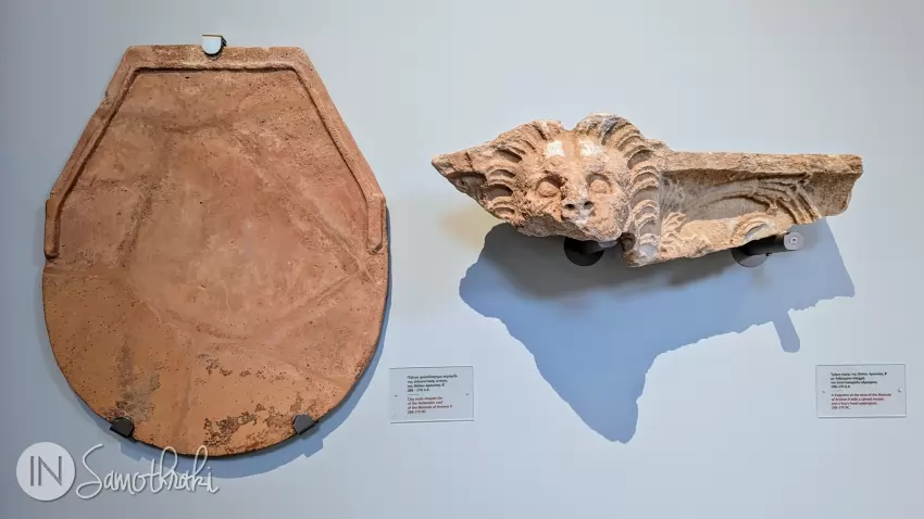 Fragment from the Rotonda of Arsinoe II, 288-270 B.C. (tiles from the roof and a lion-head-shaped drain)
