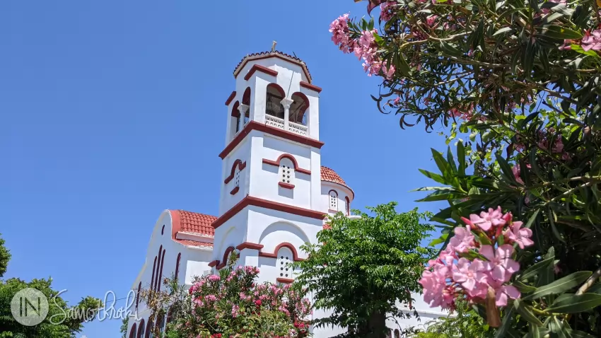 The bell tower seen through an oleander bush