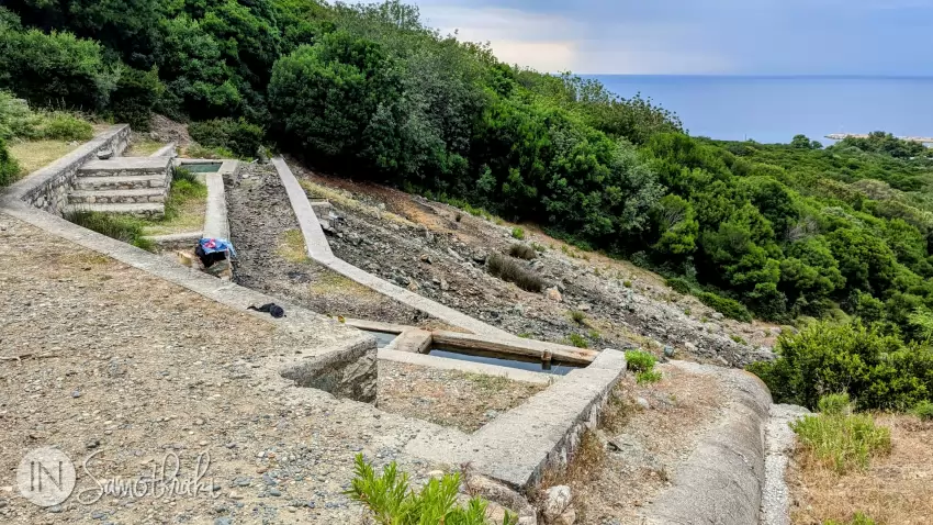 The second thermal pool has several basins and overlooks the port of Therma.