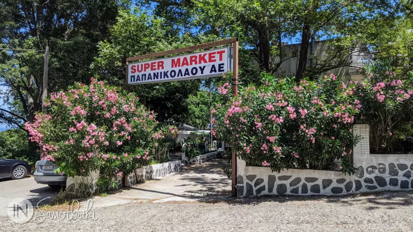 Papanikolau supermarket is next to Ta Therma Cafe.