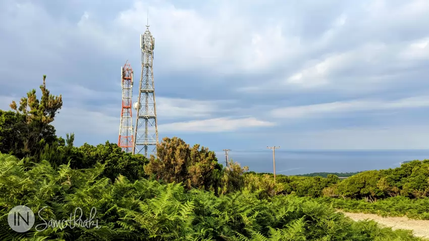 The most popular trail to the peak of Fengari passes by the relays above Therma.