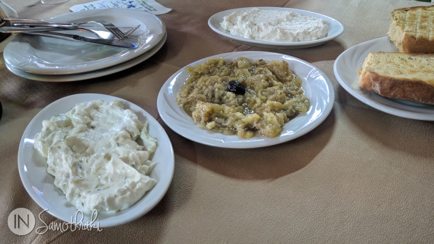 Tzatziki, melitzanosalata and tyrosalata at Taverna O Vrachos in Profitis Ilias