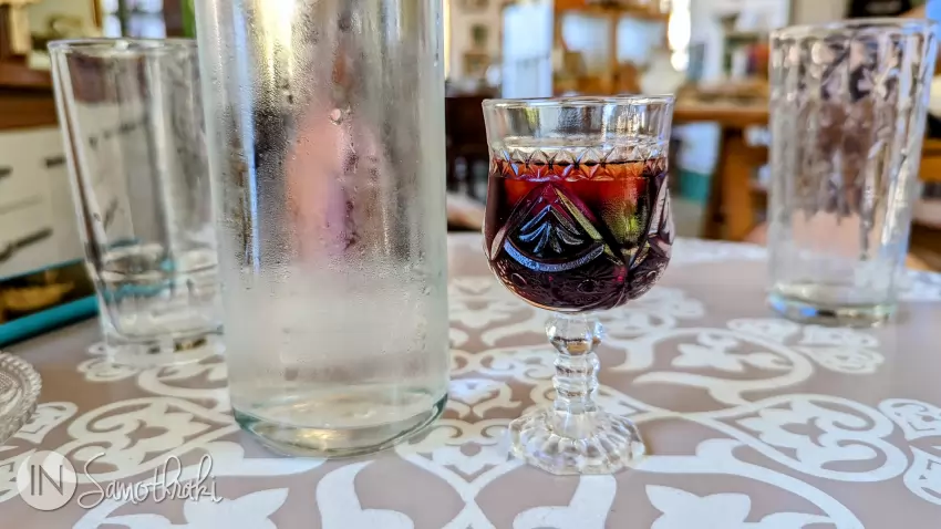 Homemade liquor at the Trapeza Cafe in Chora