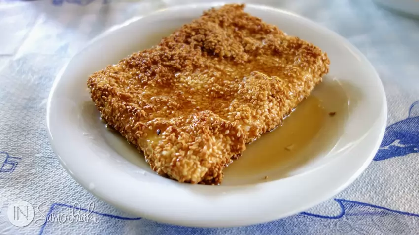 Honey and sesame-covered feta at the Gria Vathra tavern in Therma