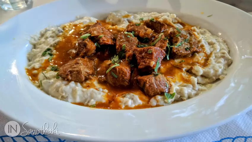 Veal with aubergine puree at the Gria Vathra tavern in Therma