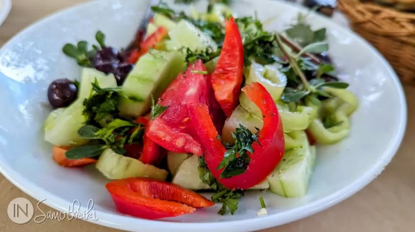 Tomato and cucumber salad at O Psaras tavern in Therma