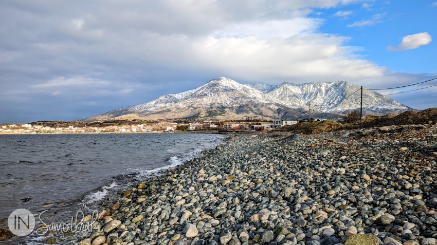In winter, with the mountain still covered in snow